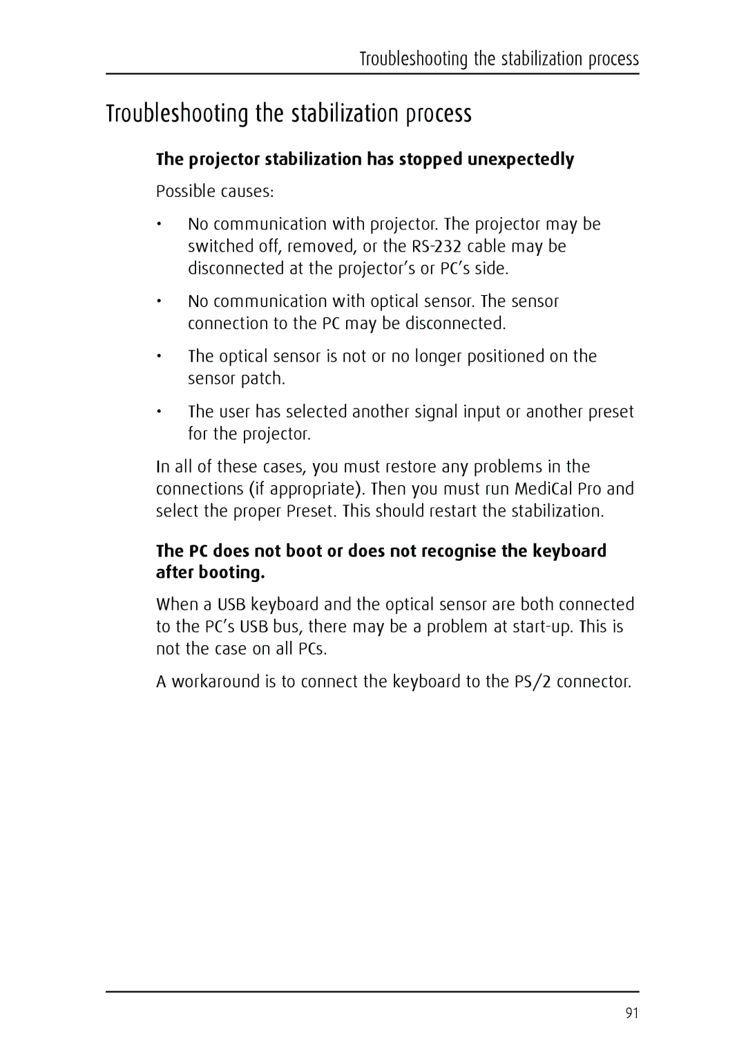 Barco MGP 15 user manual Troubleshooting the stabilization process 