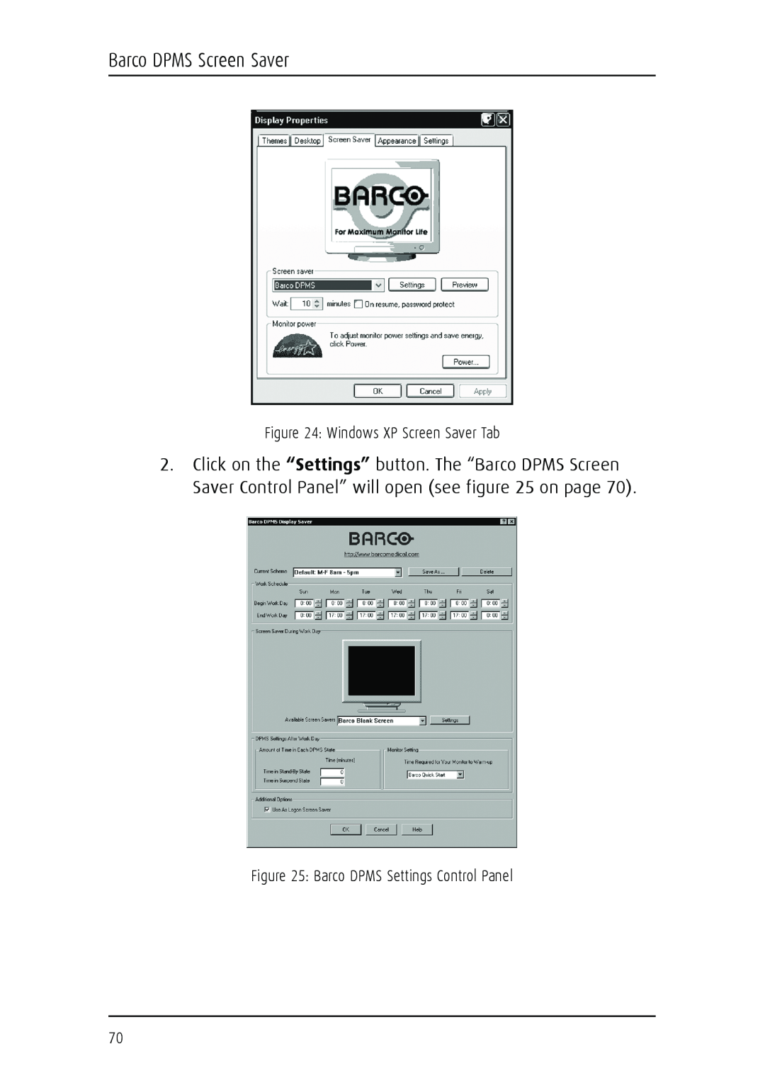 Barco MGP 15 user manual Barco DPMS Screen Saver, Windows XP Screen Saver Tab, Barco DPMS Settings Control Panel 