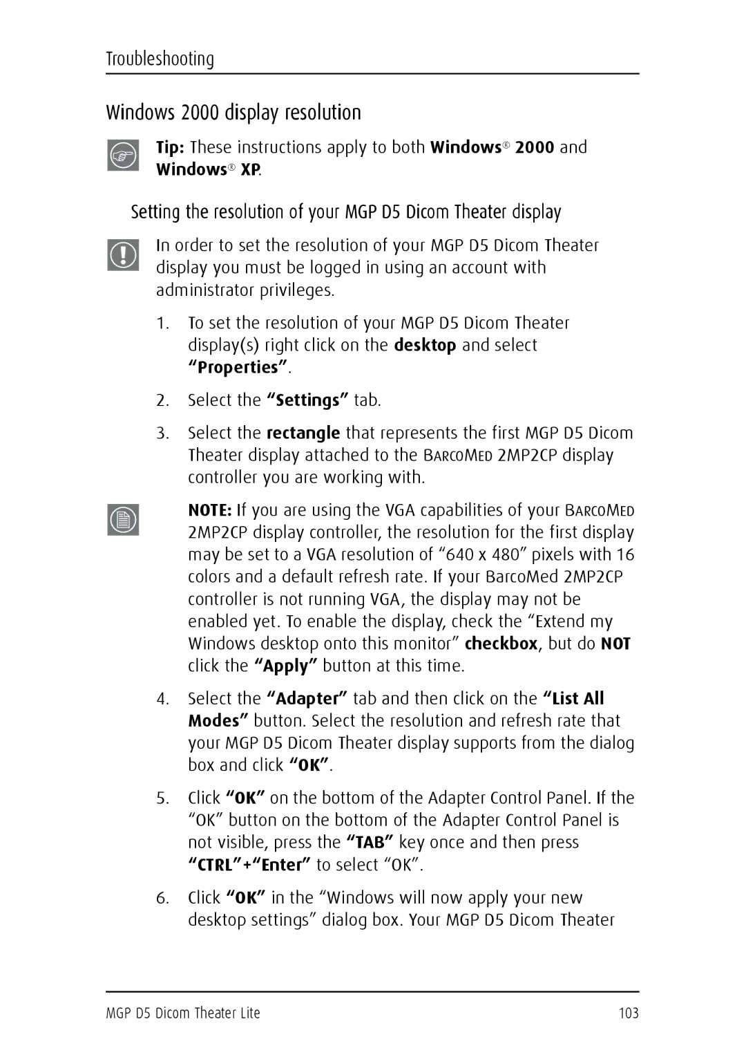 Barco user manual Windows 2000 display resolution, Setting the resolution of your MGP D5 Dicom Theater display 
