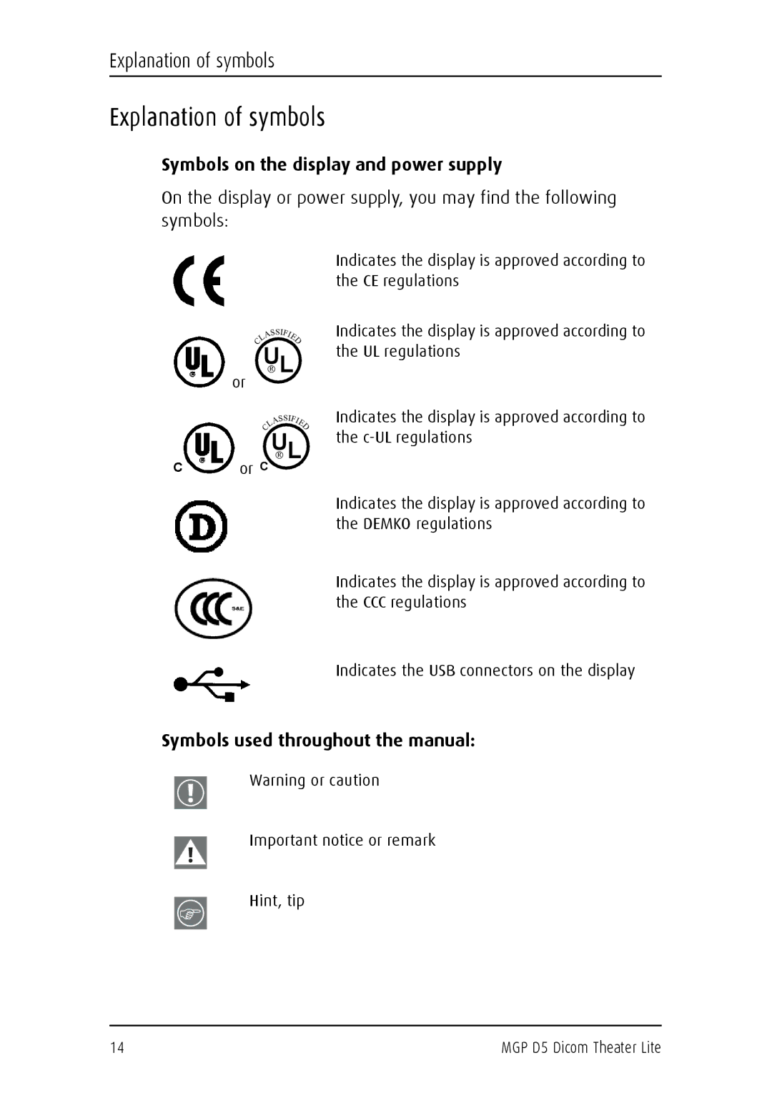 Barco MGP D5 Explanation of symbols, Symbols on the display and power supply, Symbols used throughout the manual 