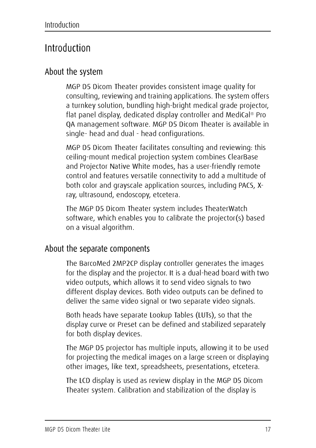 Barco MGP D5 user manual Introduction, About the system, About the separate components 