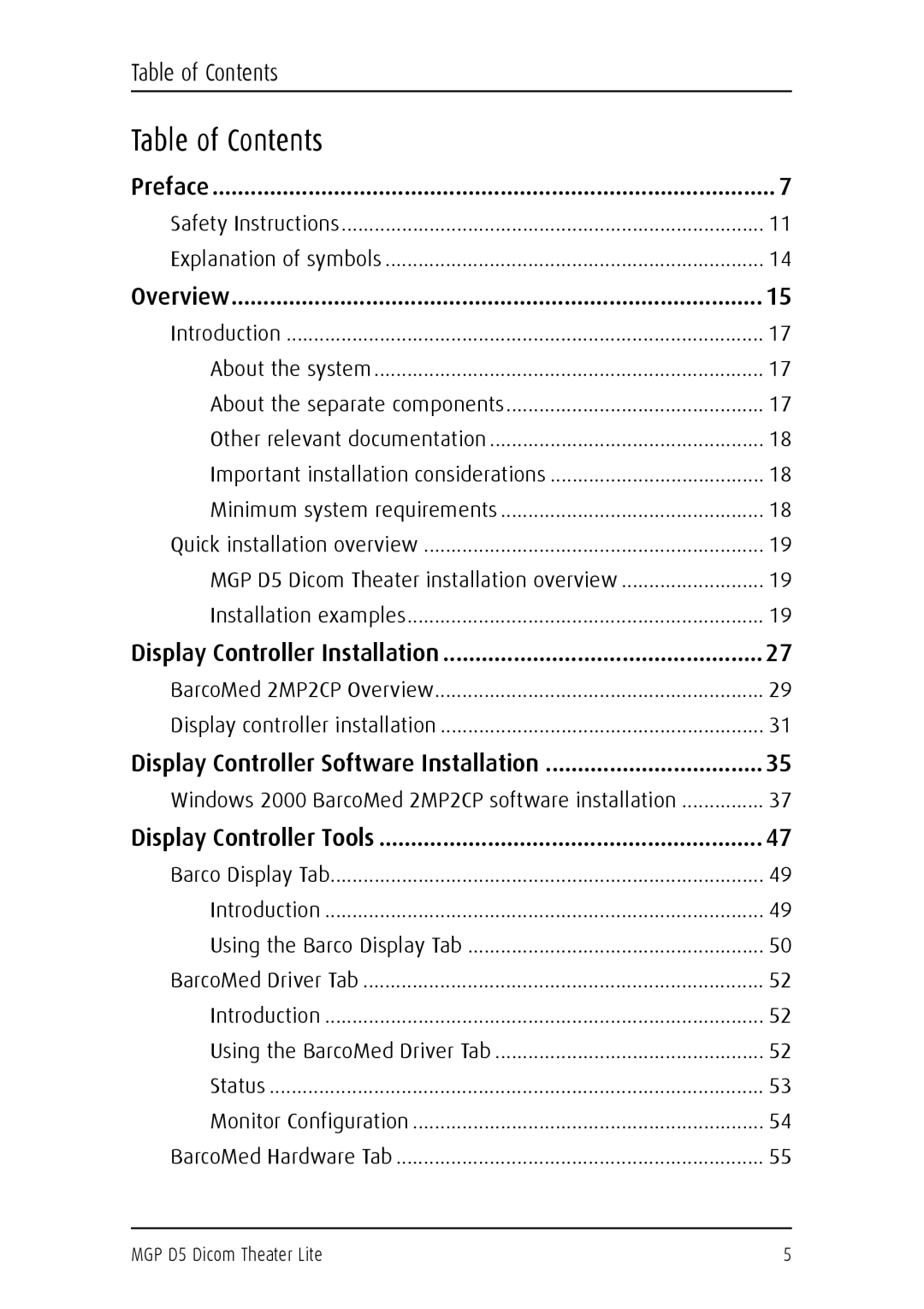 Barco MGP D5 user manual Table of Contents 