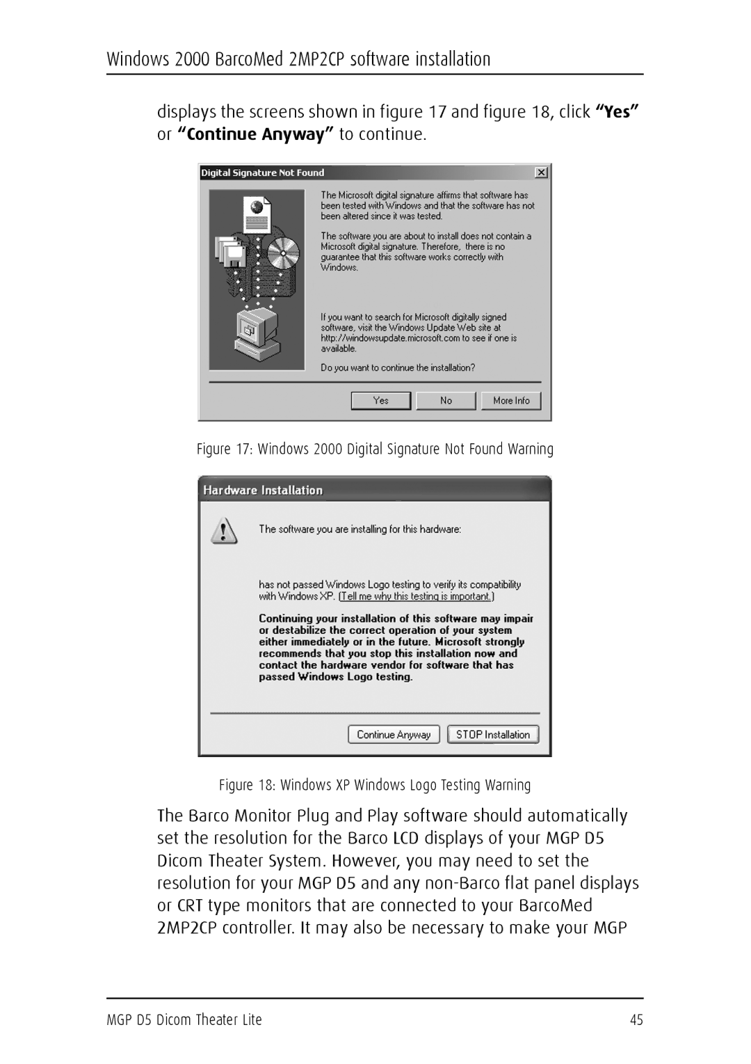 Barco MGP D5 user manual Windows 2000 Digital Signature Not Found Warning 