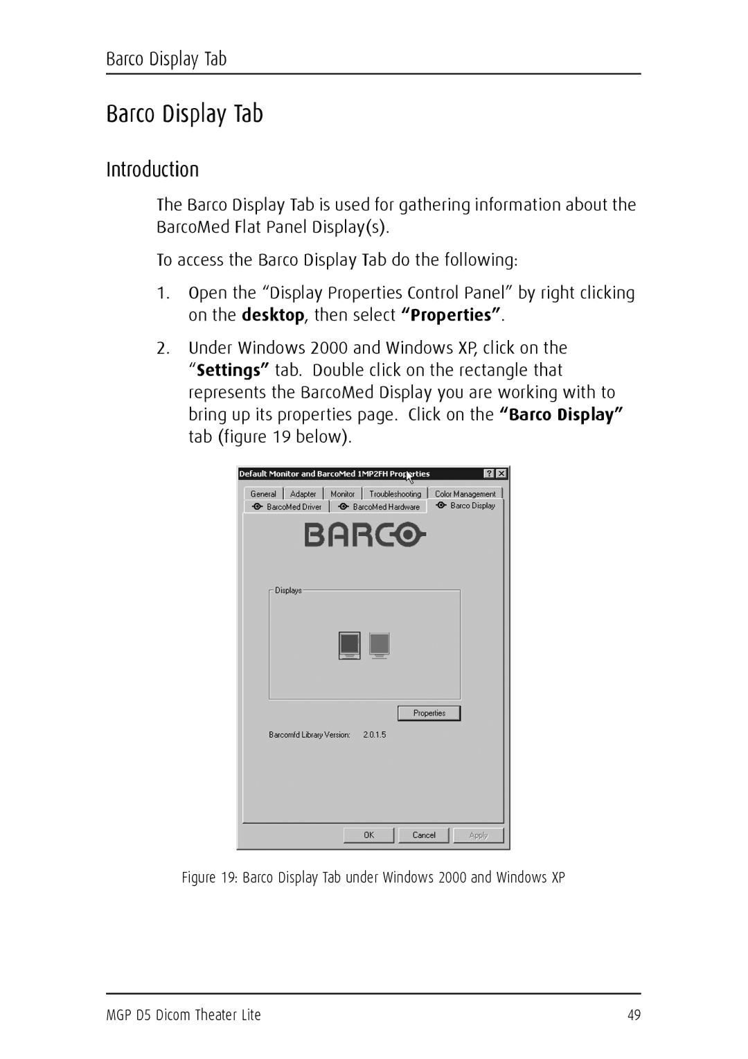 Barco MGP D5 user manual Barco Display Tab, Introduction 