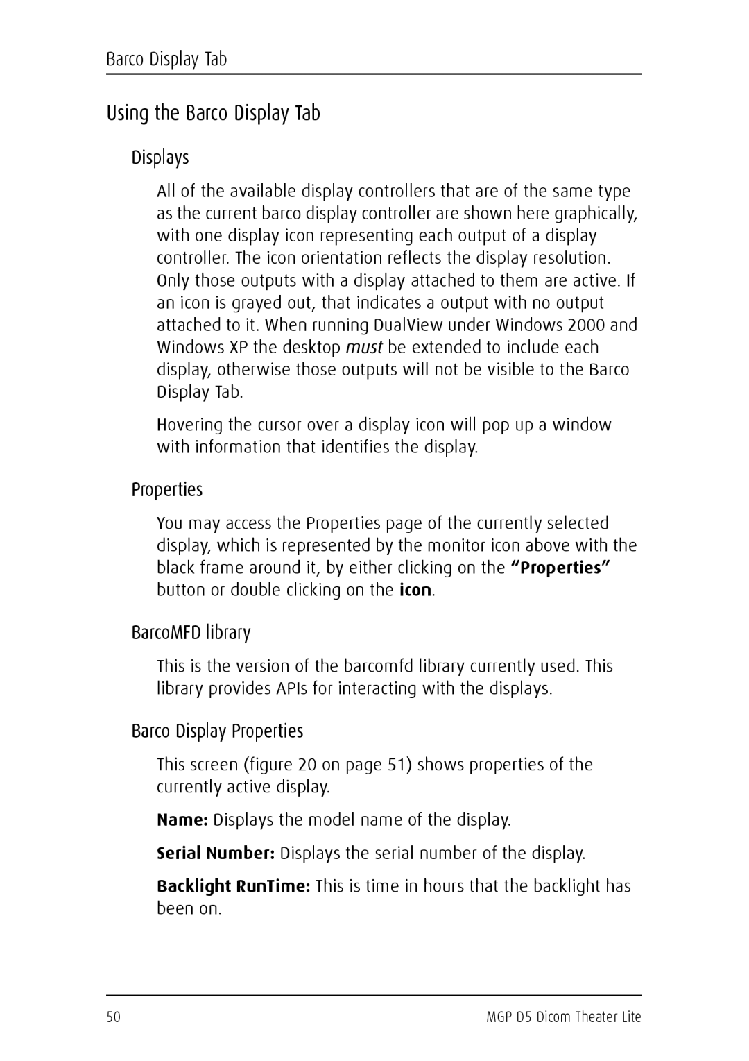 Barco MGP D5 user manual Using the Barco Display Tab, Displays, BarcoMFD library, Barco Display Properties 