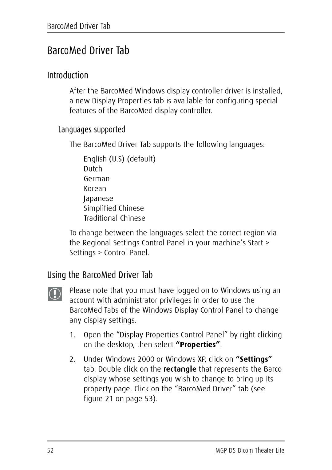 Barco MGP D5 user manual Using the BarcoMed Driver Tab, Languages supported 