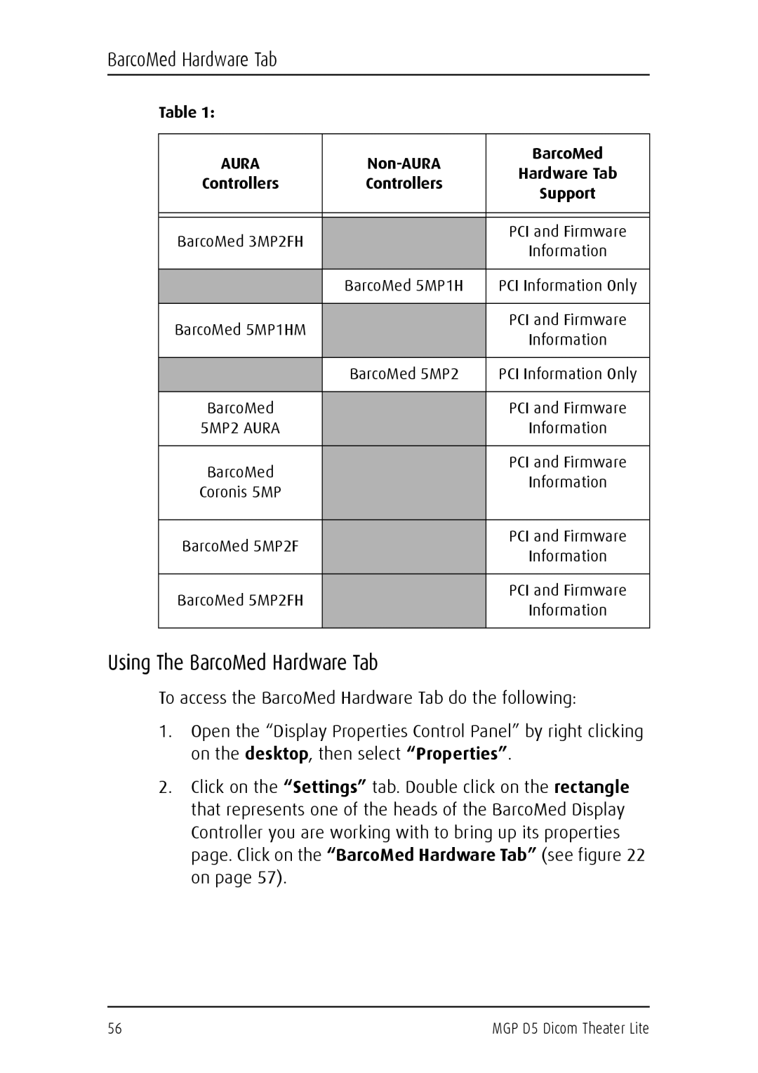 Barco MGP D5 user manual Using The BarcoMed Hardware Tab, 5MP2 Aura 