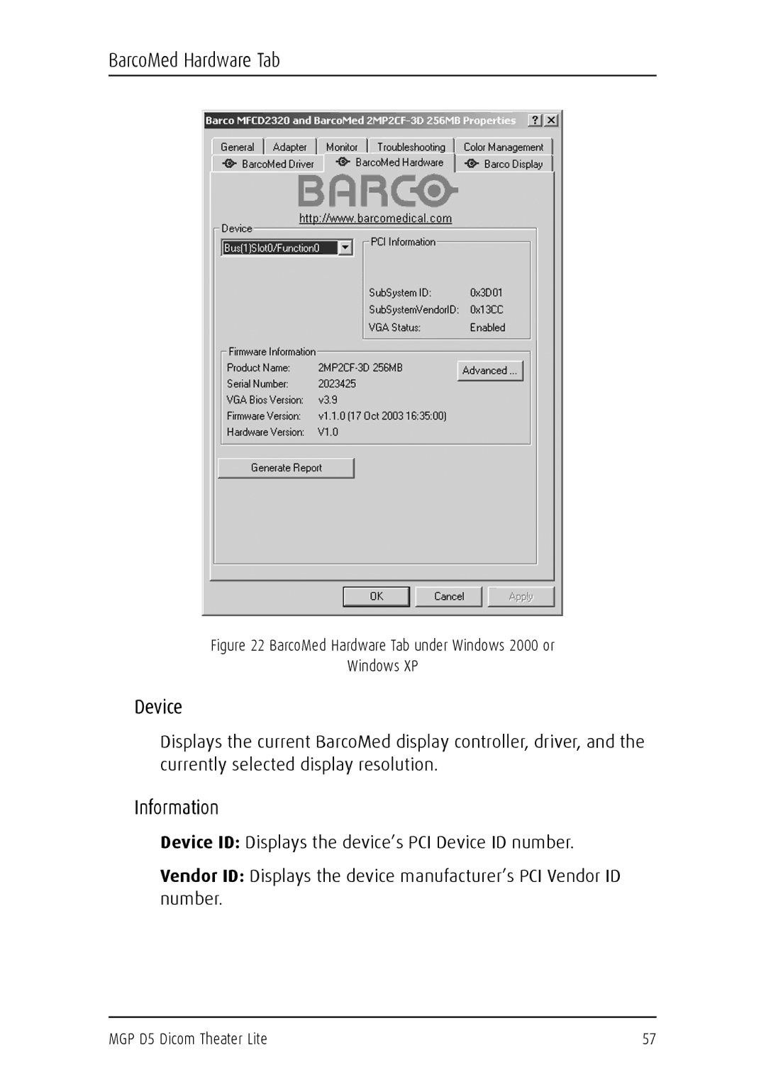 Barco MGP D5 user manual Device, Information 