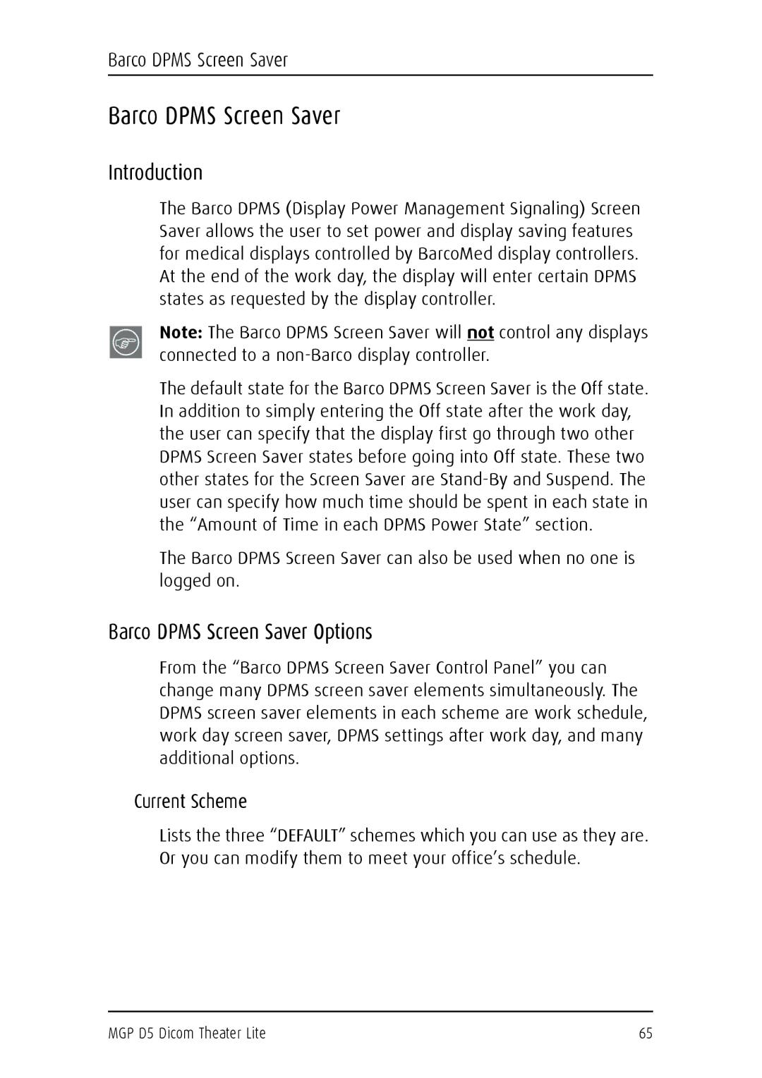 Barco MGP D5 user manual Barco Dpms Screen Saver Options, Current Scheme 