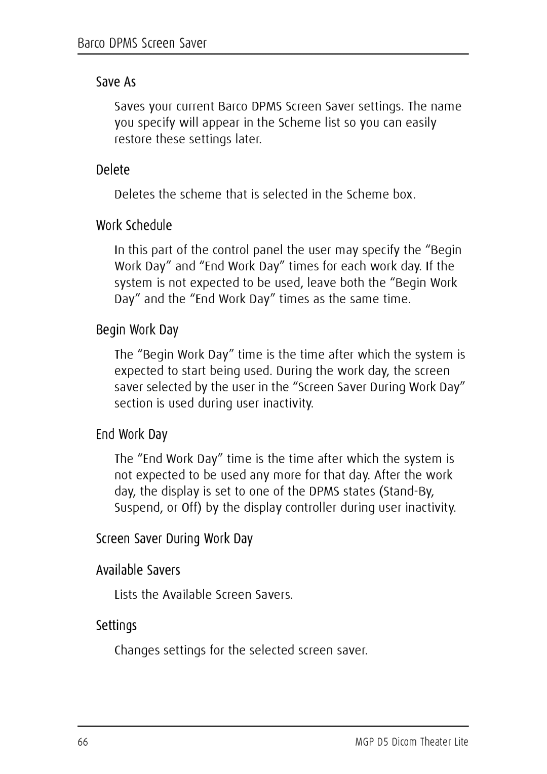 Barco MGP D5 user manual Barco Dpms Screen Saver Save As, Delete, Work Schedule, Begin Work Day, End Work Day, Settings 