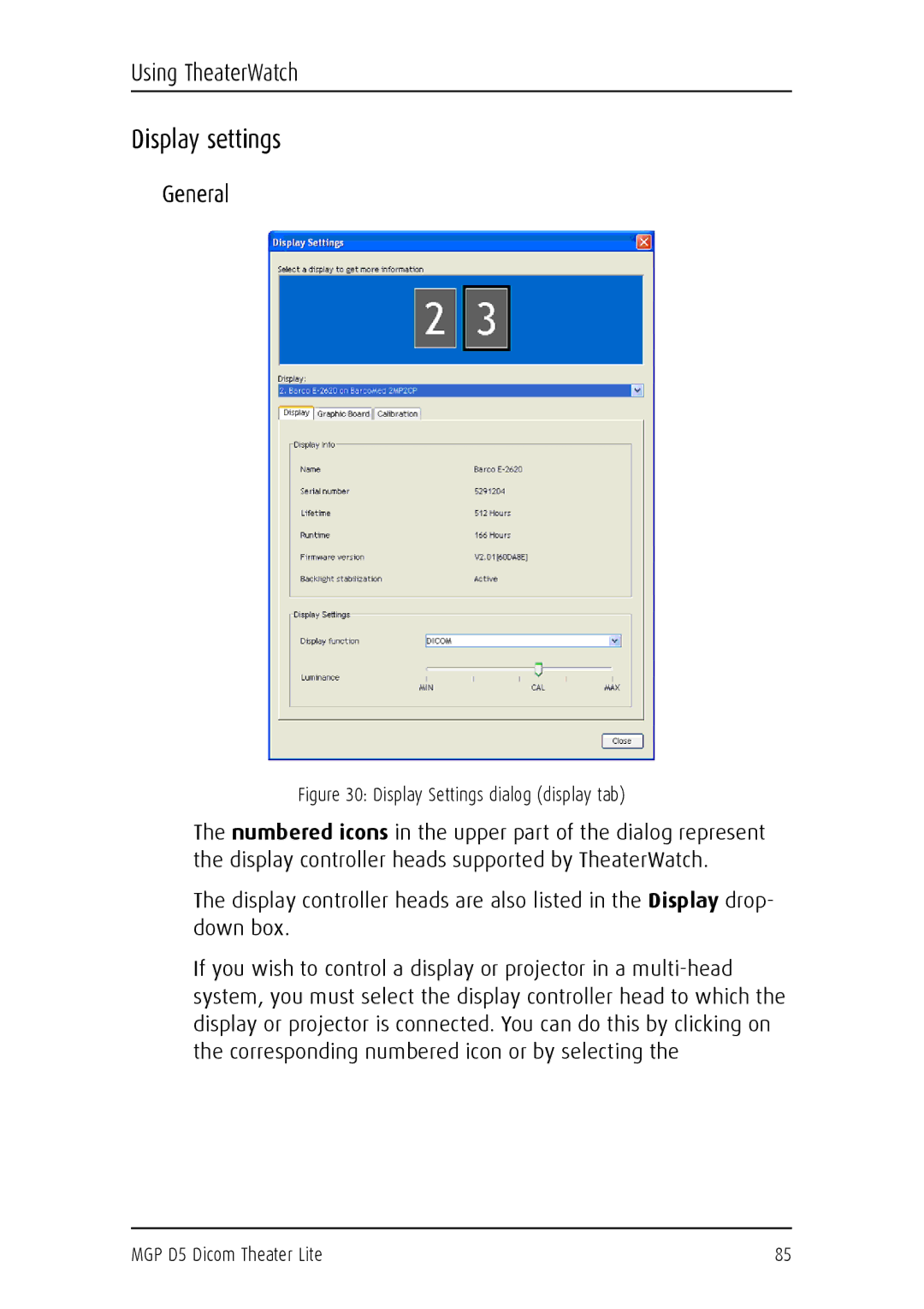 Barco MGP D5 user manual Display settings, General 