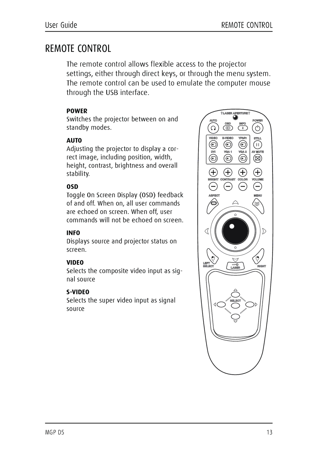 Barco MGP D5 manual Remote Control, Auto 