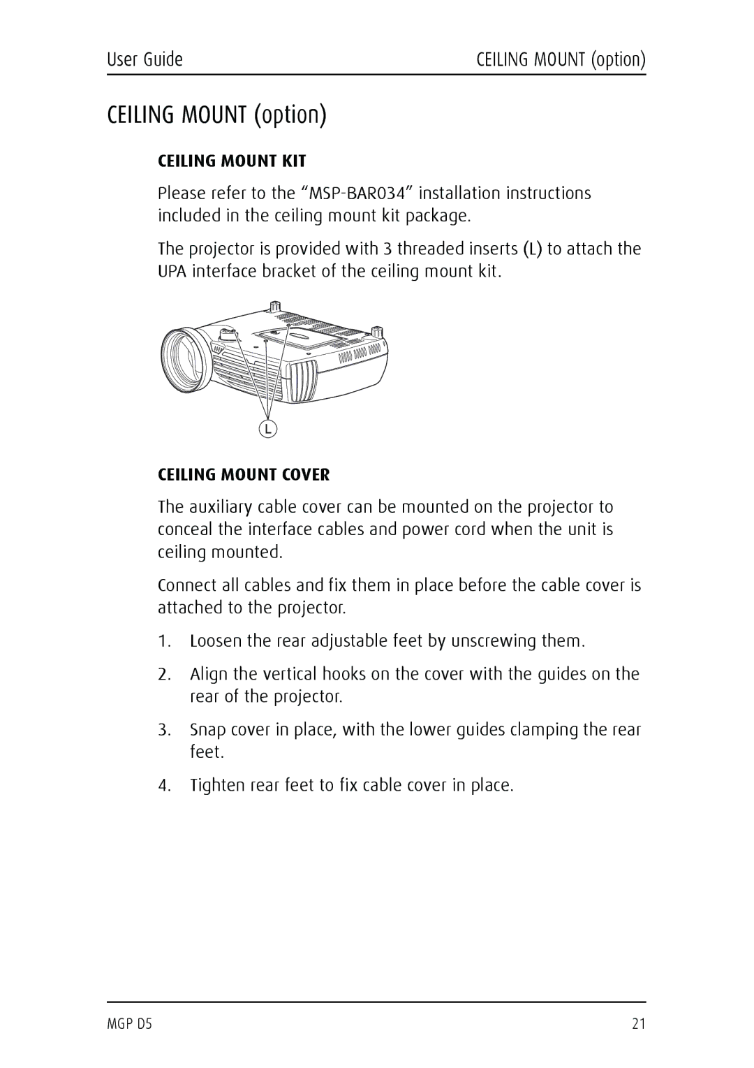 Barco MGP D5 manual Ceiling Mount KIT, Ceiling Mount Cover 