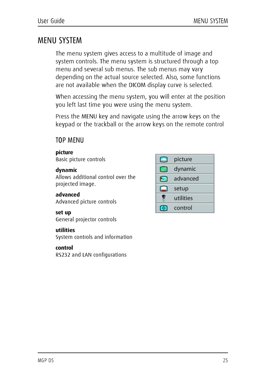 Barco MGP D5 manual Menu System, TOP Menu 