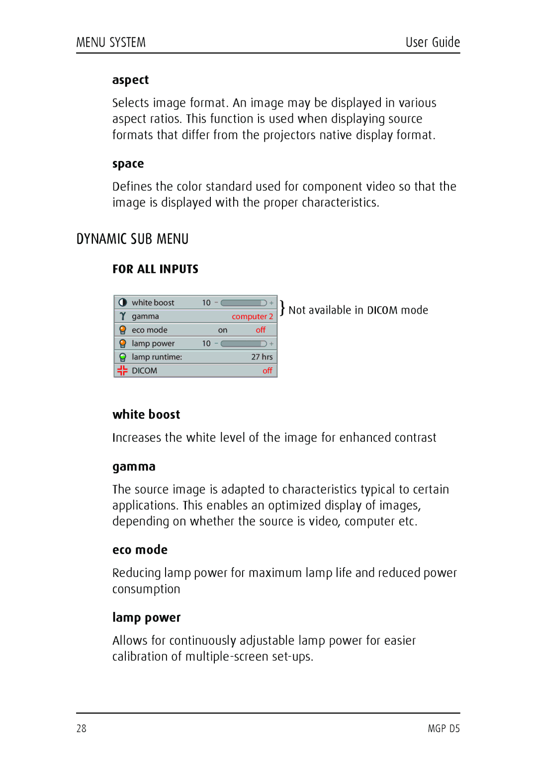 Barco MGP D5 manual Dynamic SUB Menu, For ALL Inputs 