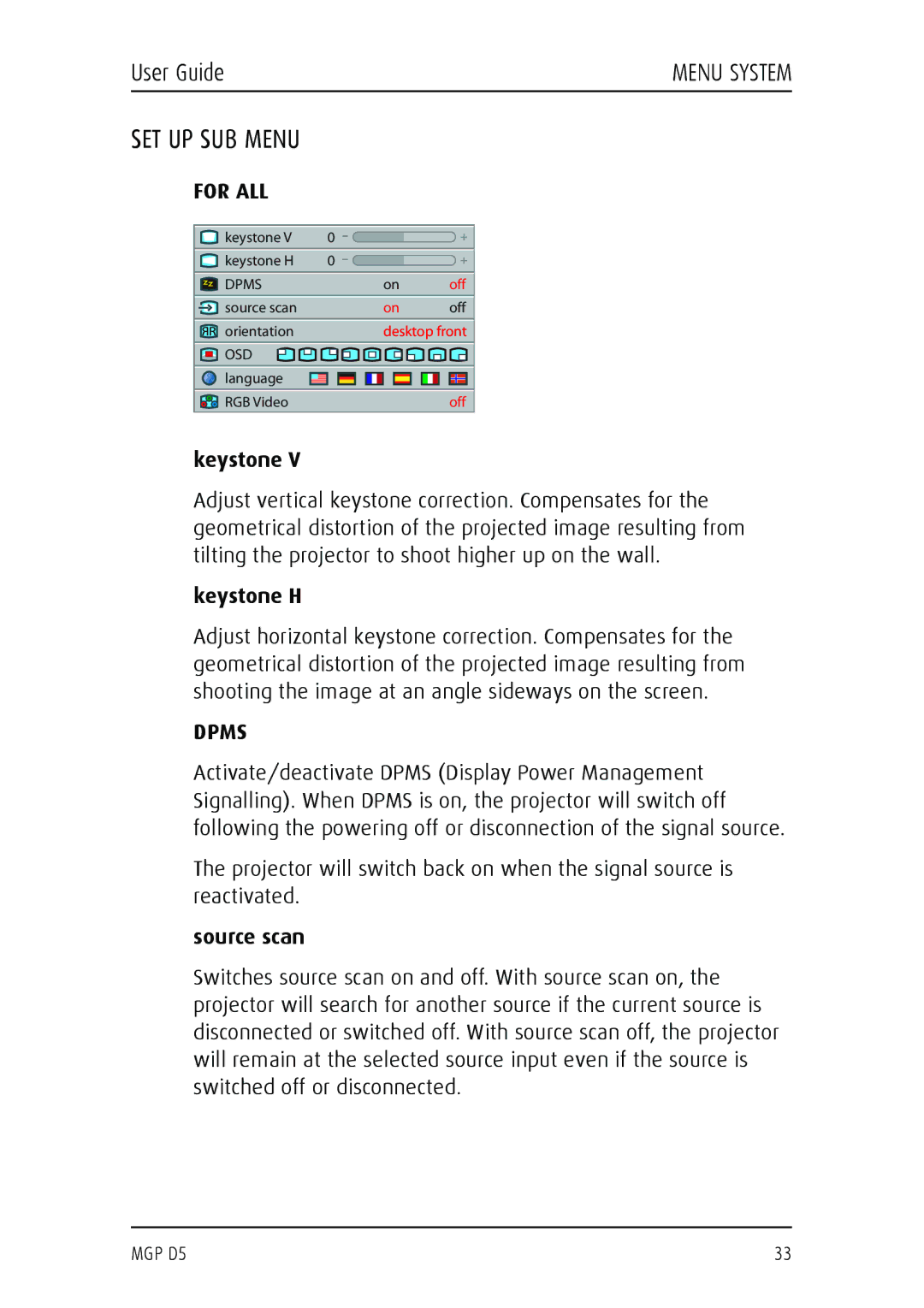 Barco MGP D5 manual SET UP SUB Menu, For ALL, Dpms 