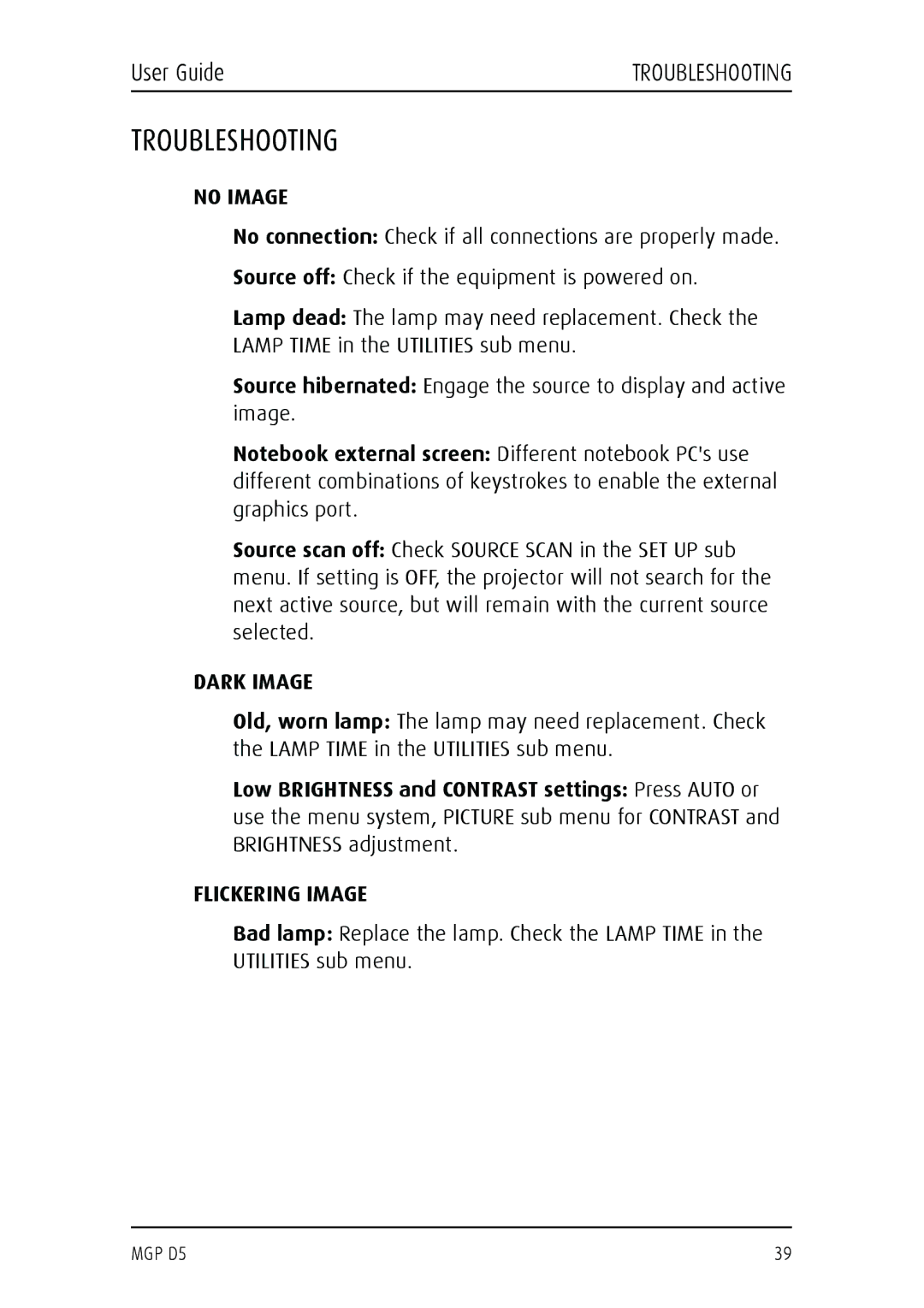 Barco MGP D5 manual Troubleshooting, No Image, Dark Image, Flickering Image 