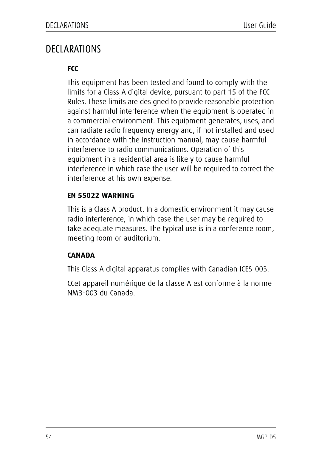 Barco MGP D5 manual Declarations, FCC EN 55022 Warning, Canada 