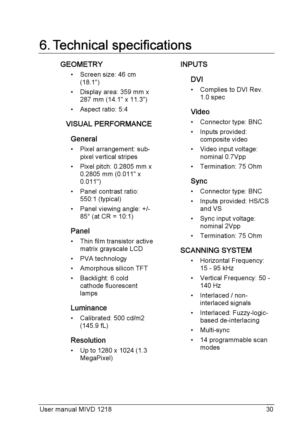 Barco MIVD 1218 user manual Technical specifications 