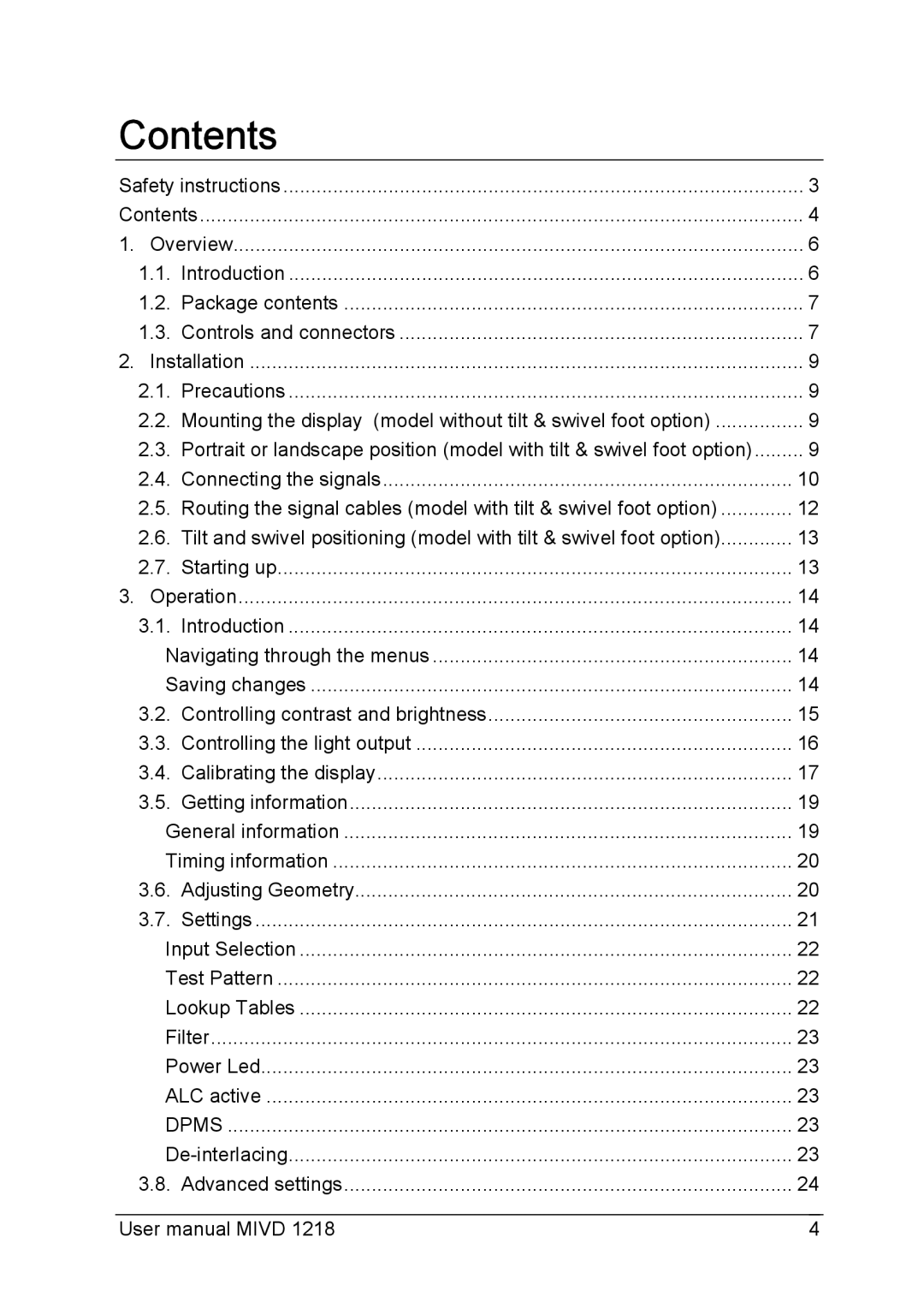 Barco MIVD 1218 user manual Contents 