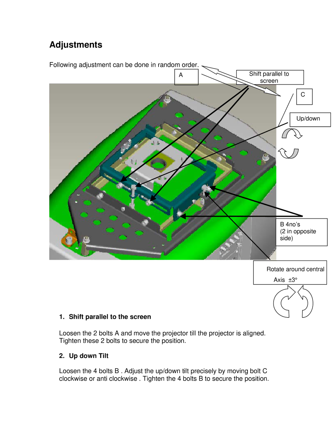 Barco R 9849999 installation manual Shift parallel to the screen, Up down Tilt 