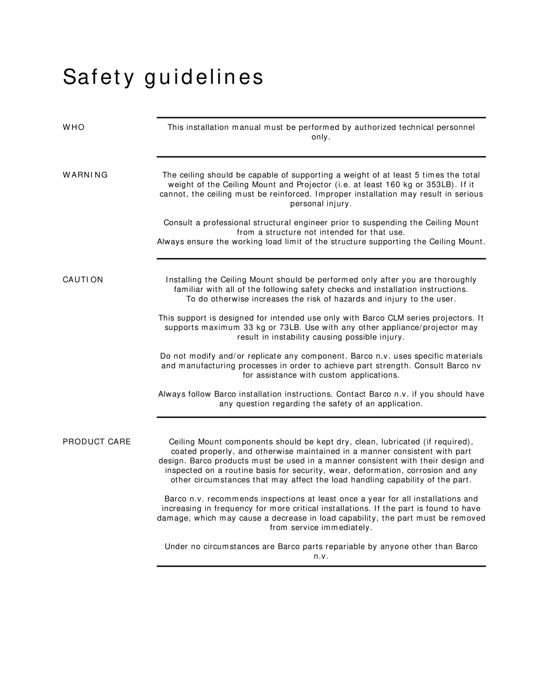 Barco R 9849999 installation manual Safety guidelines 