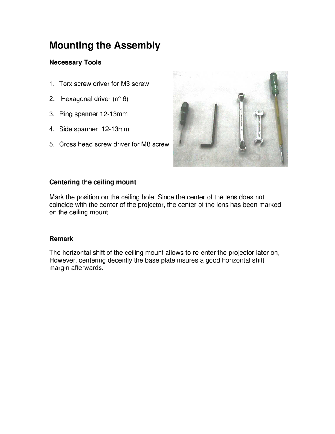 Barco R 9849999 installation manual Necessary Tools, Centering the ceiling mount 