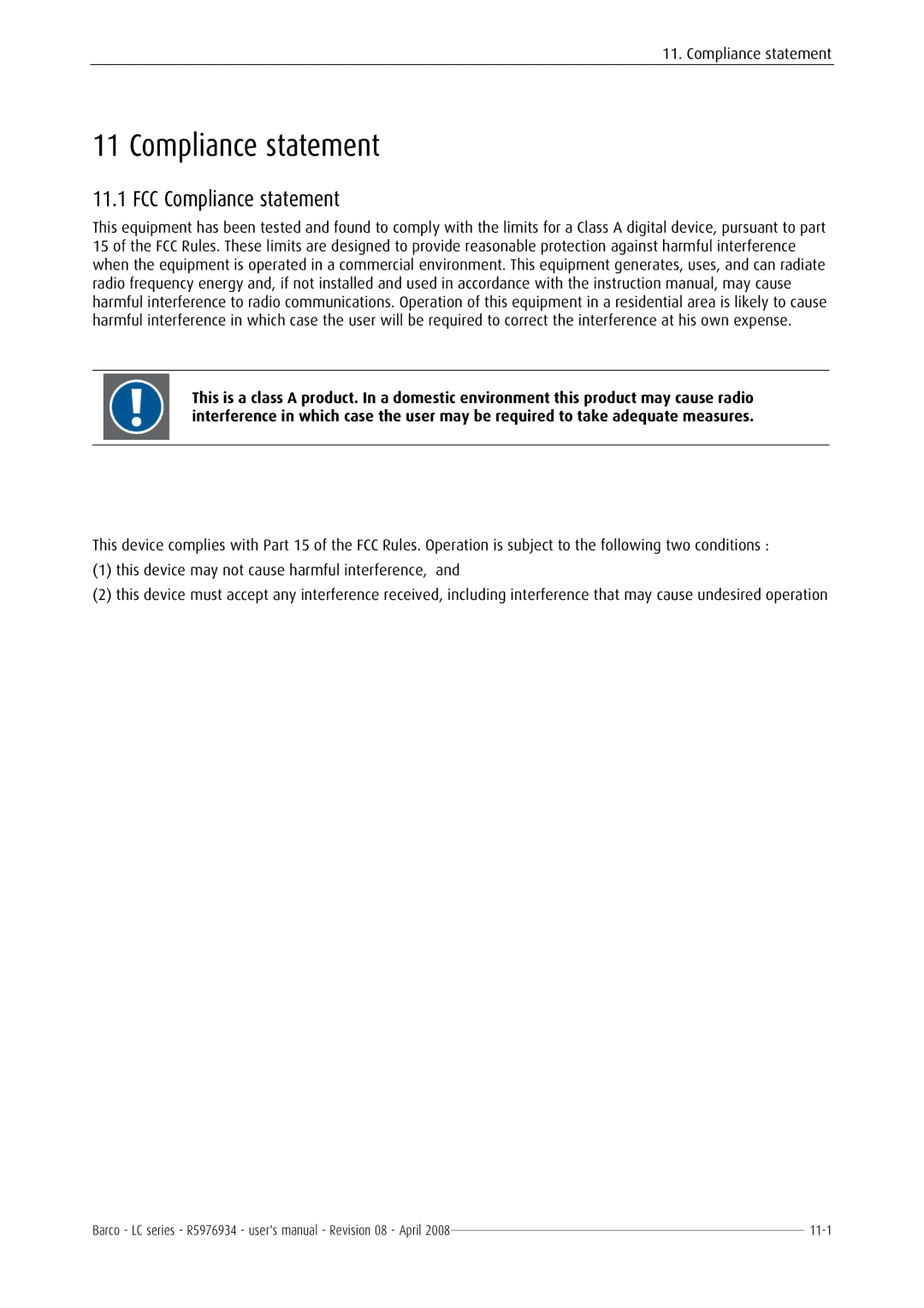 Barco R5976934 user manual FCC Compliance statement 