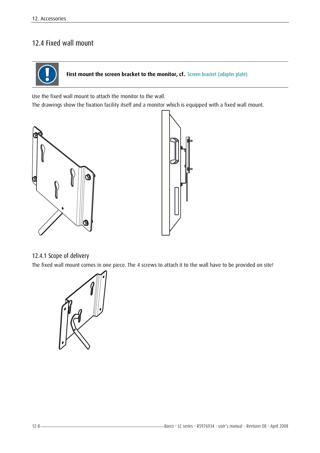 Barco R5976934 user manual Fixed wall mount 