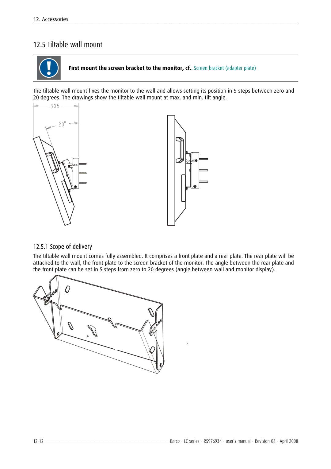 Barco R5976934 user manual Tiltable wall mount, Scope of delivery 