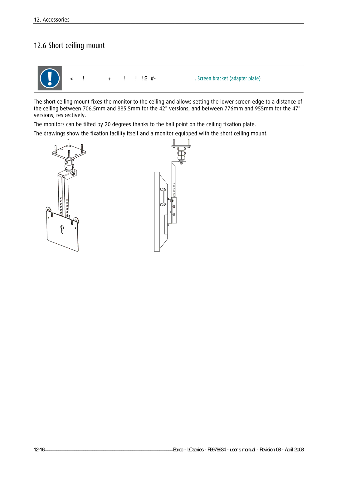 Barco R5976934 user manual Short ceiling mount 