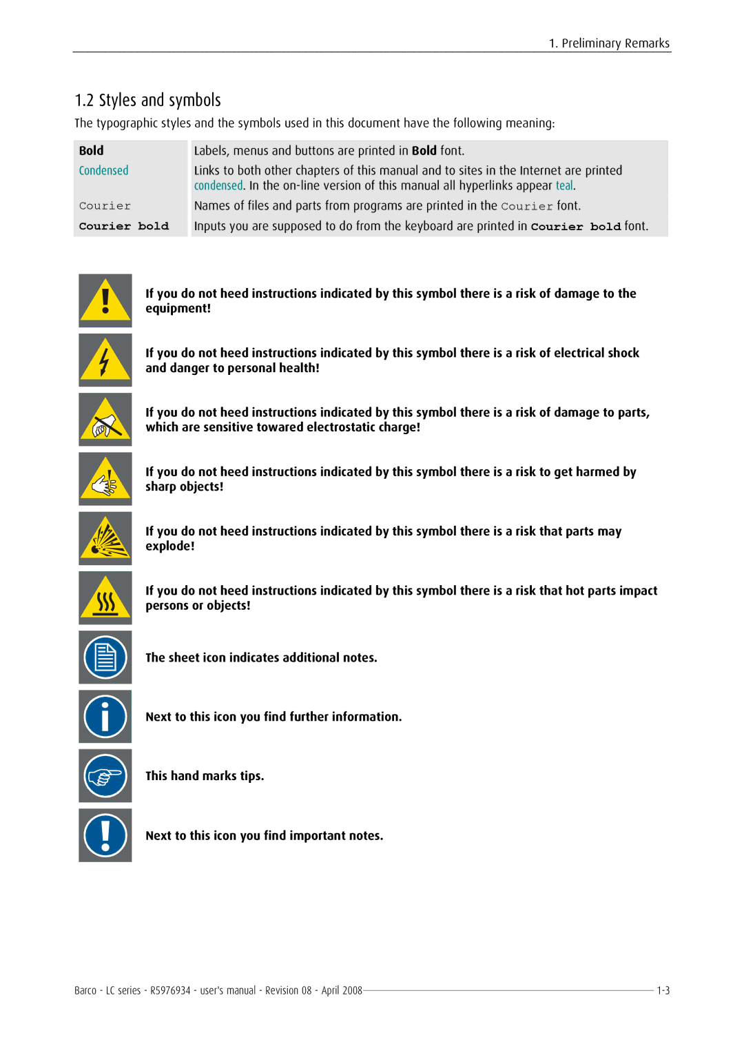 Barco R5976934 user manual Styles and symbols, Bold 