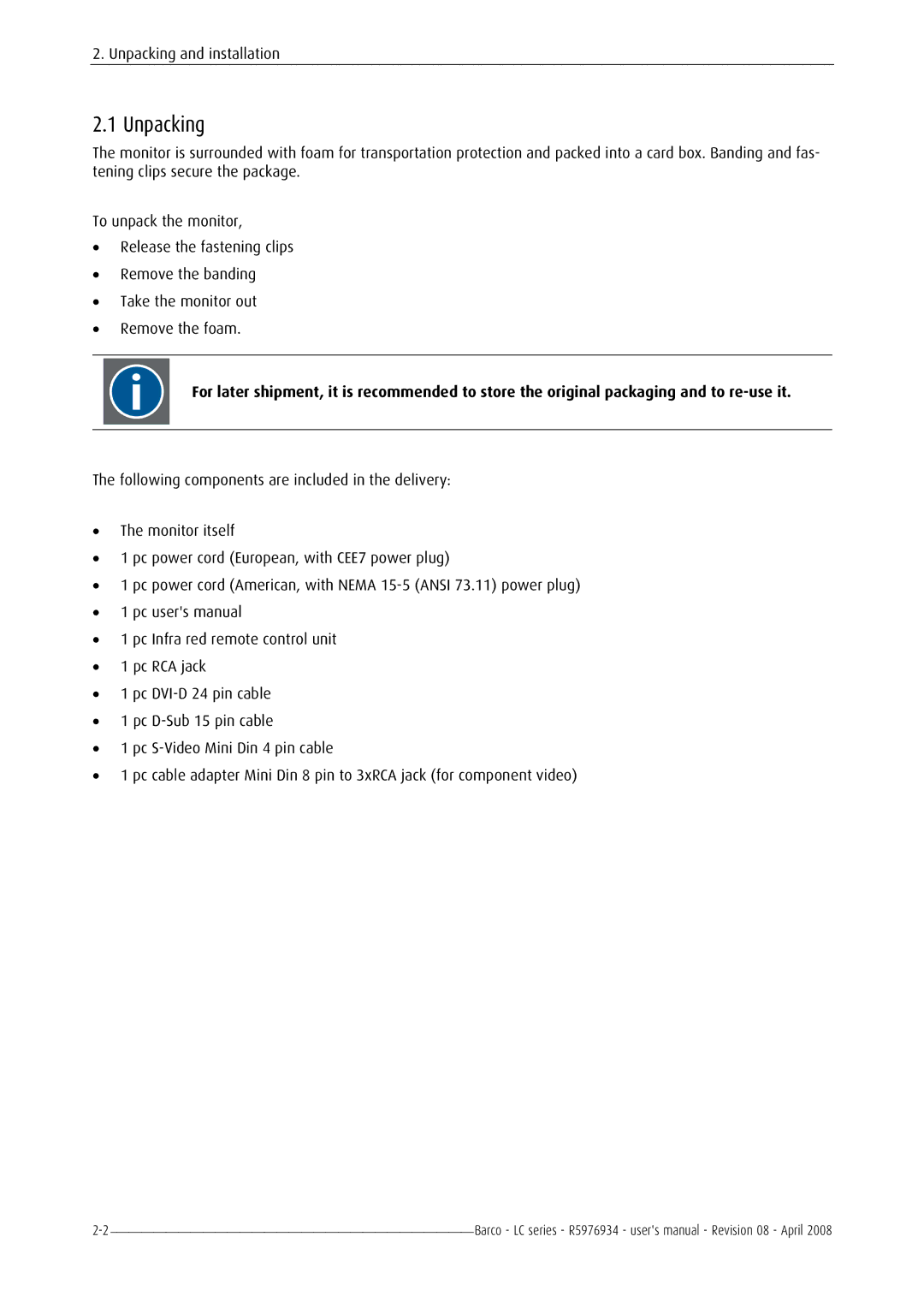 Barco R5976934 user manual Unpacking 