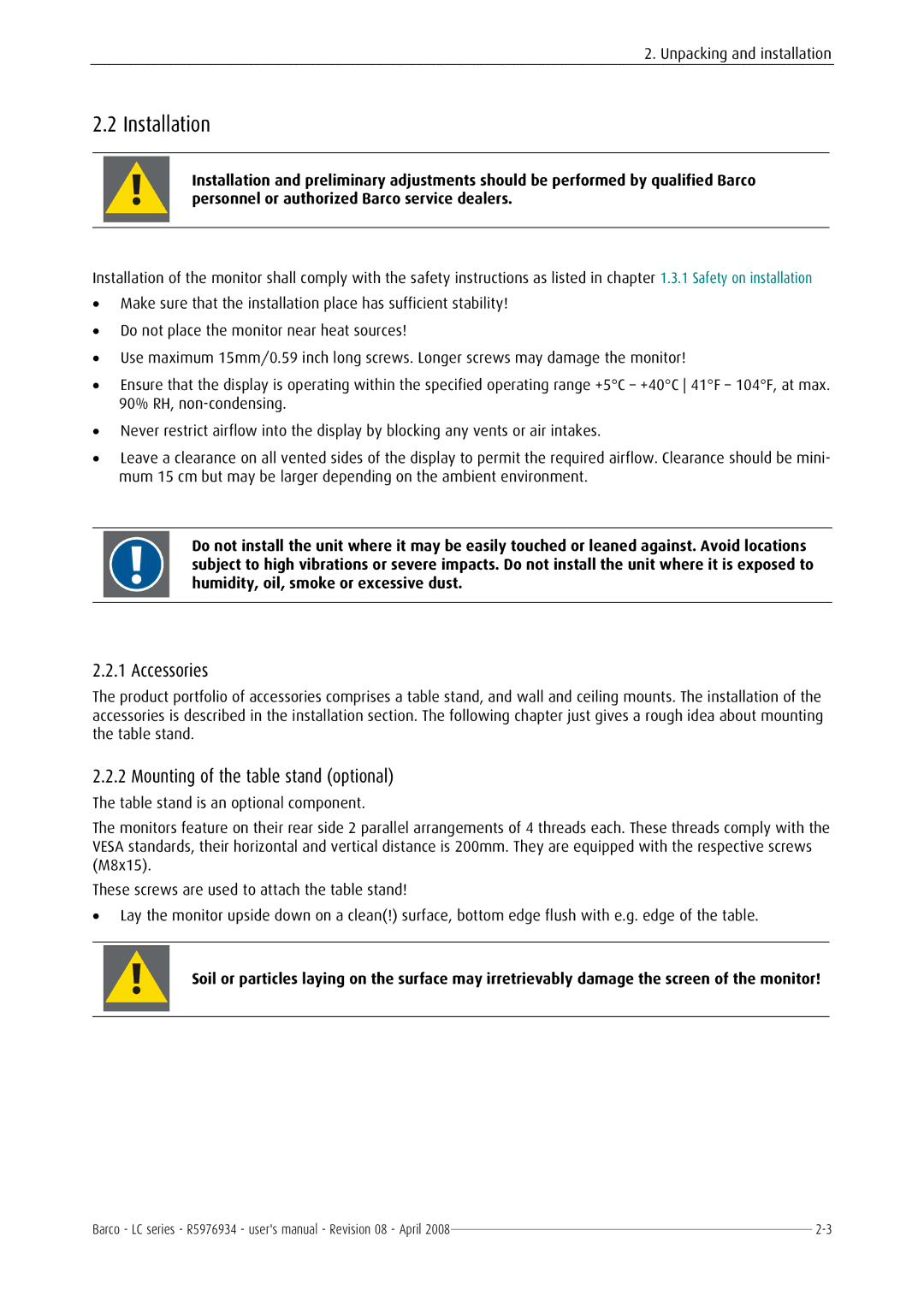 Barco R5976934 user manual Installation, Accessories, Mounting of the table stand optional 