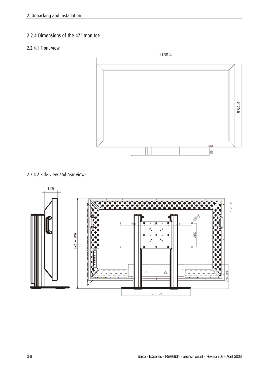 Barco R5976934 user manual Dimensions of the 47 monitor 