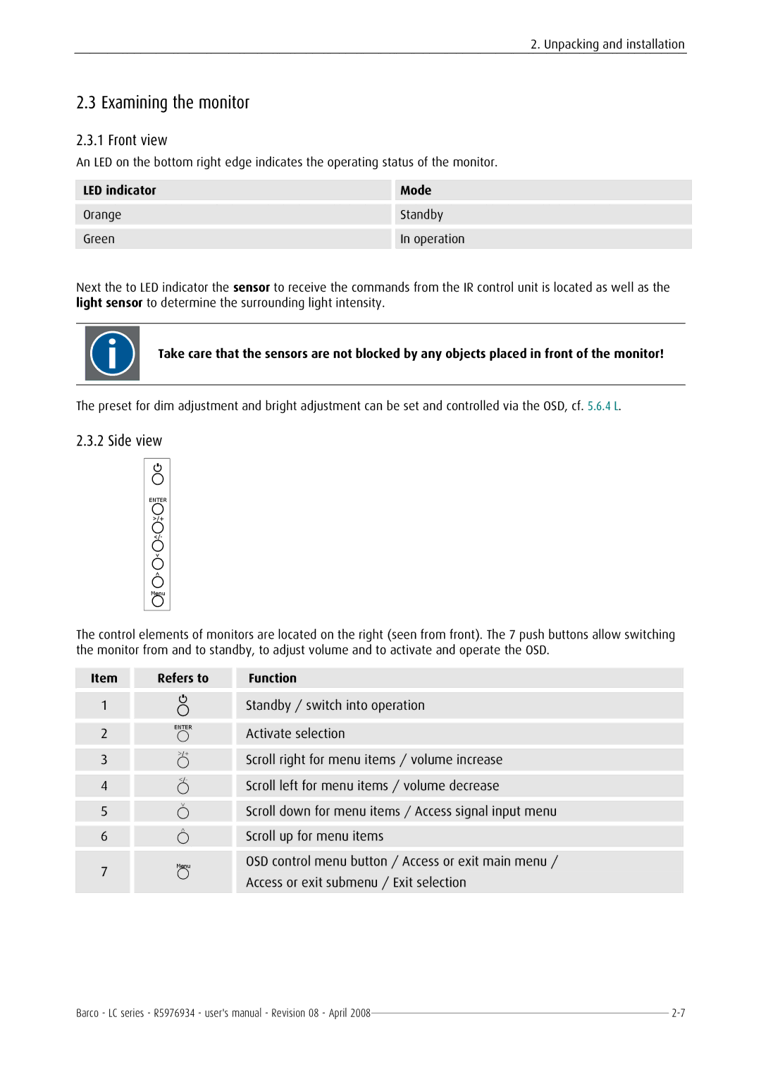 Barco R5976934 user manual Examining the monitor, Front view, Side view 