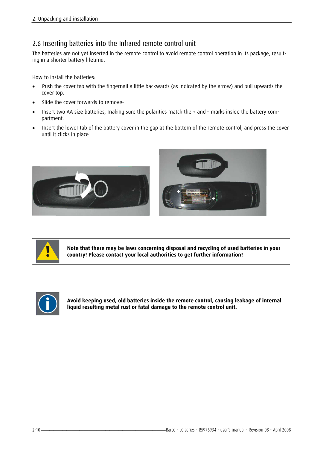 Barco R5976934 user manual Inserting batteries into the Infrared remote control unit 