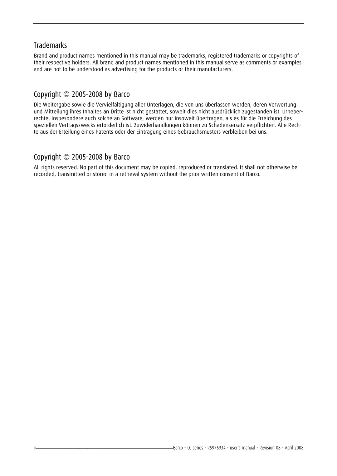 Barco R5976934 user manual Trademarks, Copyright 2005-2008 by Barco 