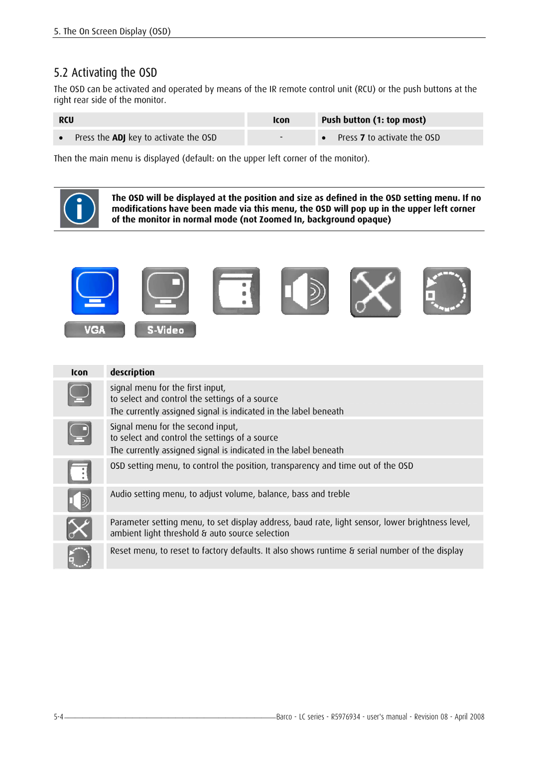 Barco R5976934 user manual Activating the OSD 