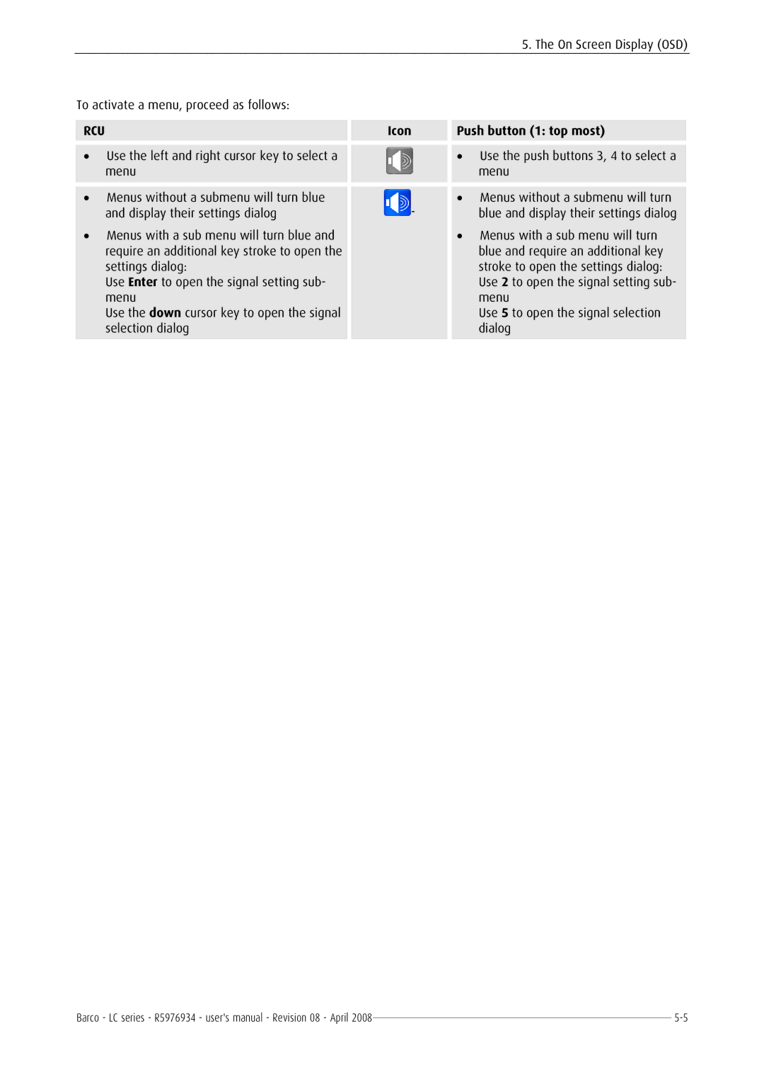 Barco R5976934 user manual On Screen Display OSD To activate a menu, proceed as follows 