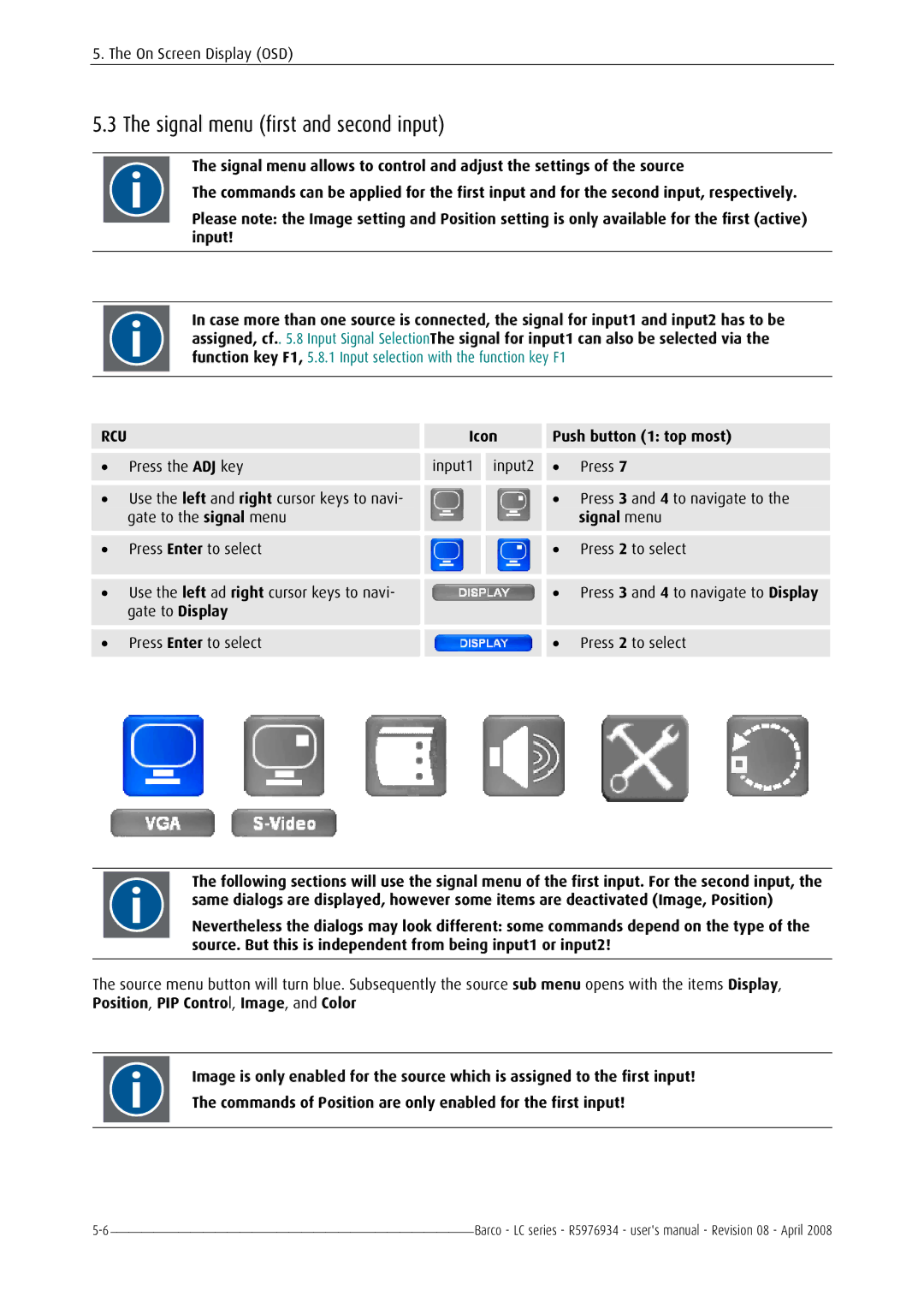 Barco R5976934 user manual Signal menu first and second input, Icon Push button 1 top most Press the ADJ key Input1 Input2 