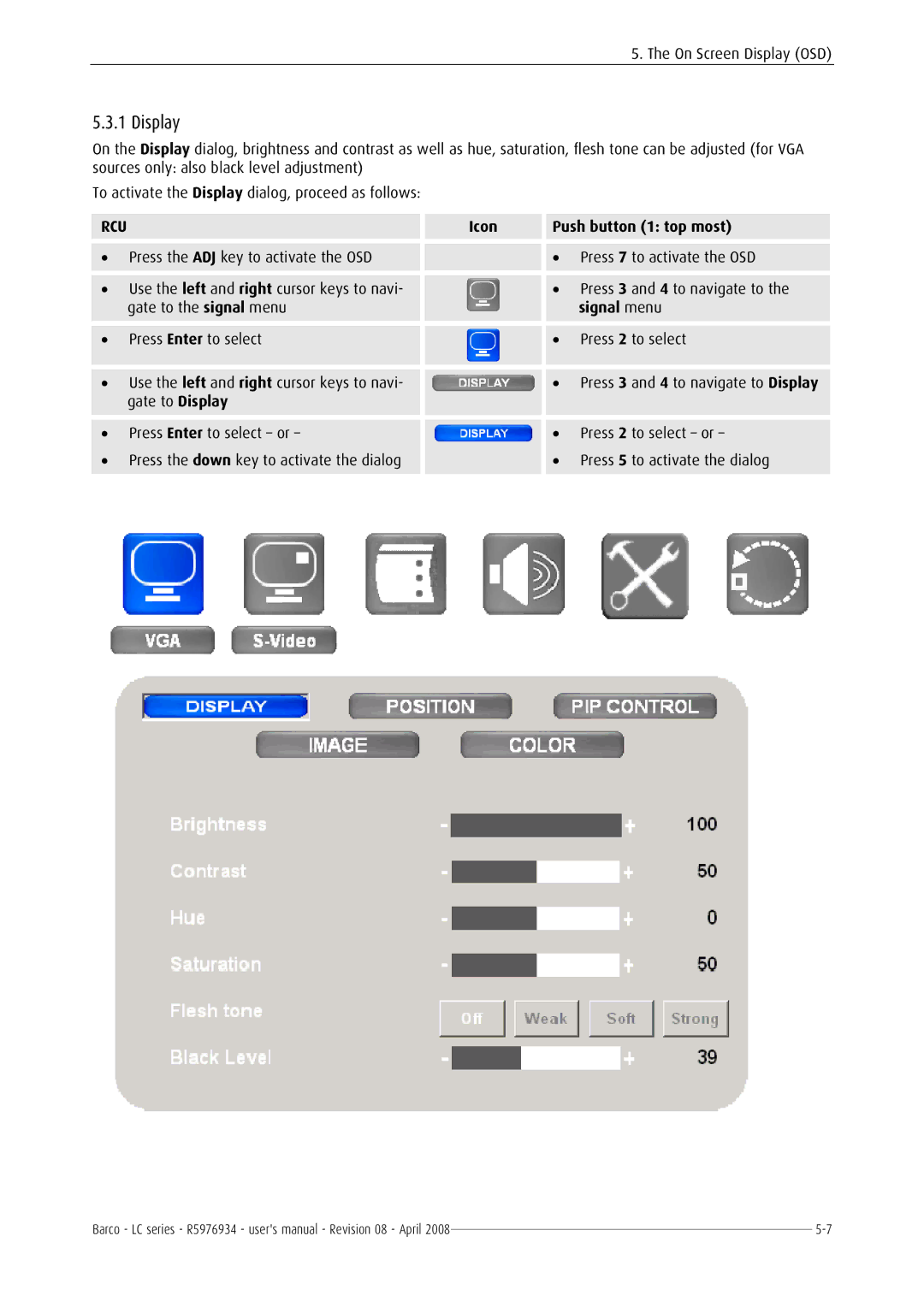 Barco R5976934 user manual Display, Signal menu 