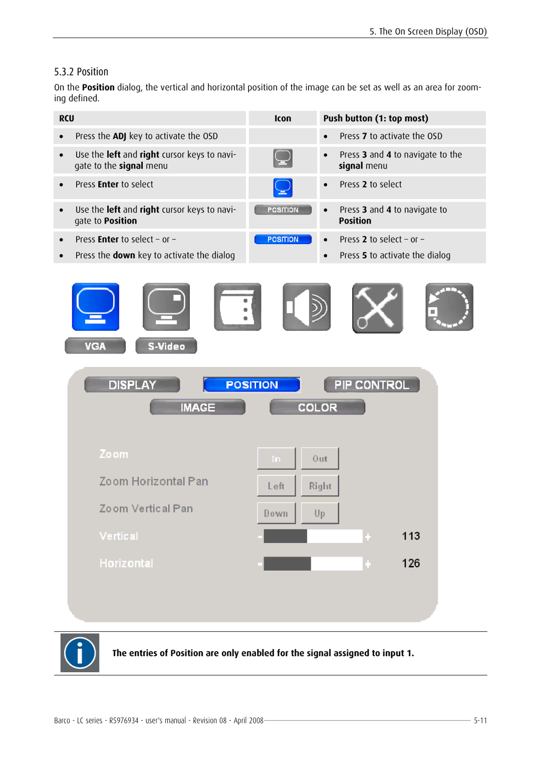 Barco R5976934 user manual Position 