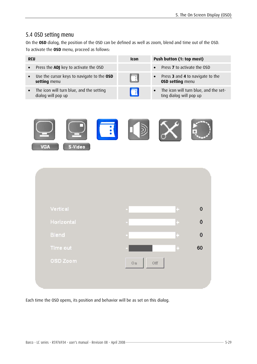 Barco R5976934 user manual Setting menu OSD setting menu 