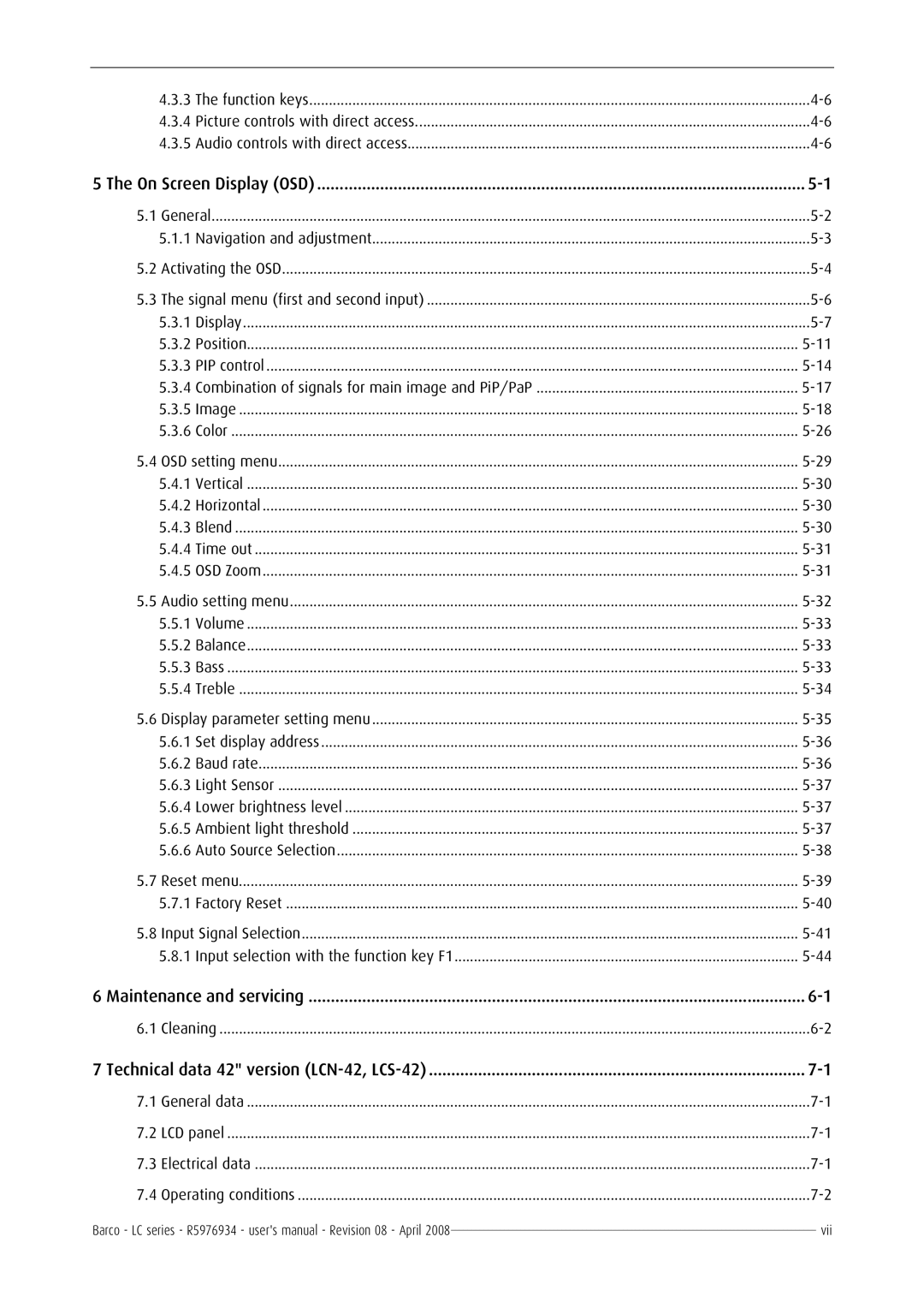 Barco R5976934 user manual Technical data 42 version LCN-42, LCS-42 