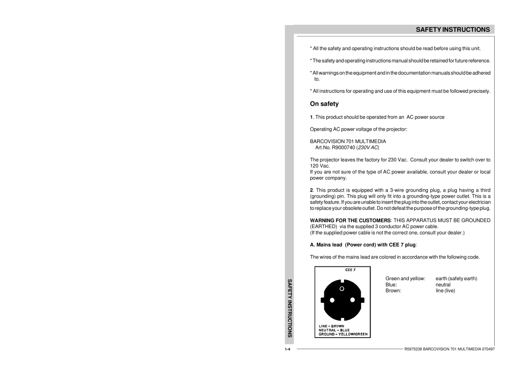 Barco R9000740 owner manual On safety, Mains lead Power cord with CEE 7 plug 