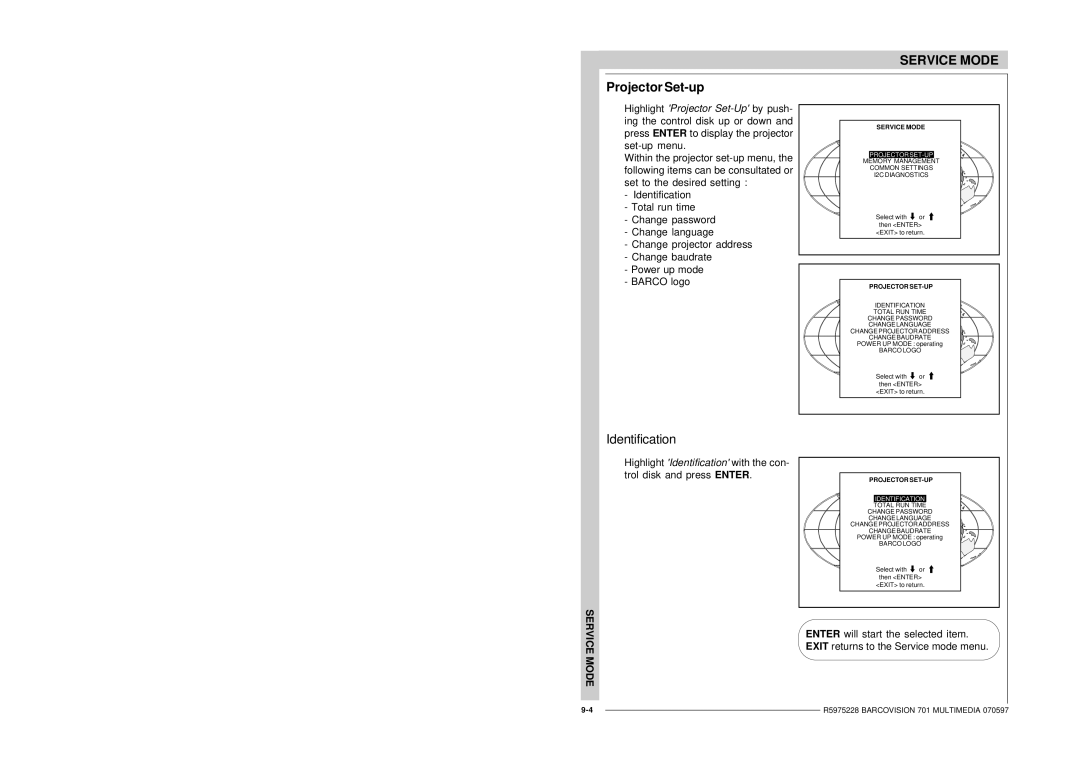 Barco R9000740 owner manual Projector Set-up, Identification, Memory Management Common Settings I2C Diagnostics 