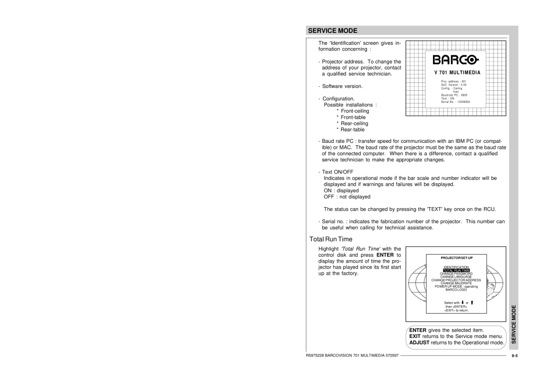 Barco R9000740 owner manual Total Run Time, Service 