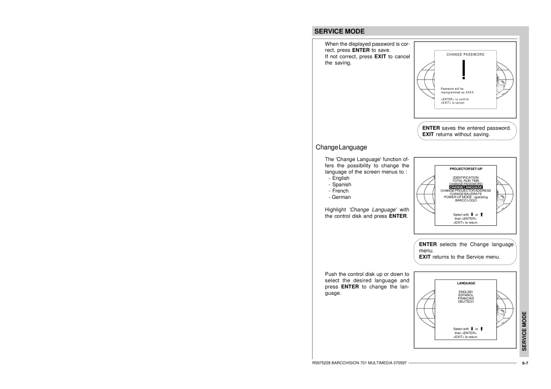 Barco R9000740 ChangeLanguage, Identification Total RUN Time Change Password, English Españ OL Francais Deutsch 