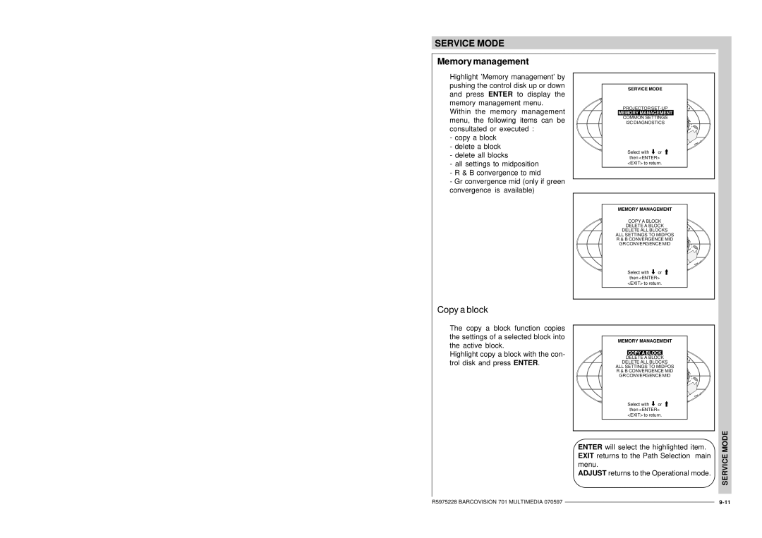 Barco R9000740 Copy a block, Projector SET-UP, Common Settings I2C Diagnostics, Delete a Block Delete ALL Blocks 